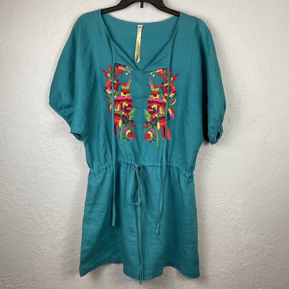 Uncle Frank Turquoise Drawstring Linen Tunic Dress Embroidered Parrots Sz Large